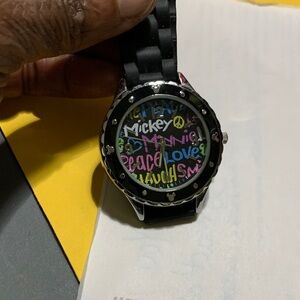Disney Parks Mickey Mouse Pop Art Dial Watch & Black Silcone a Peace/Love
